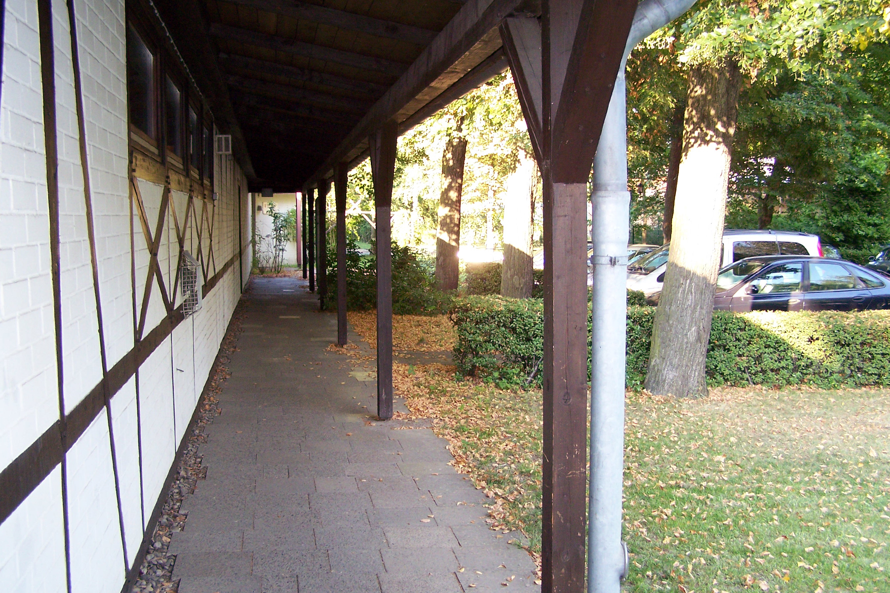Überdachter Weg, links Schiesshalle, rechts in einer Reihe Bäume, kleine Hecke nach rechts, Trennung von Parkplatz mit Autos